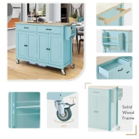 Kitchen Cart with 4-Door Cabinet, 2 Locking Wheels, Shelves and Racks, Cooking Island with Wood Top, 54.5" L x 18.5" W x 36" H, Mint Green(m-4)