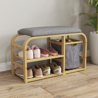 HOMCOM Bamboo Entryway Bench, Shoe Storage Bench with Cushion, Slat Shelves, Pull-Out Basket for Hallway, Entryway, Nature Wood