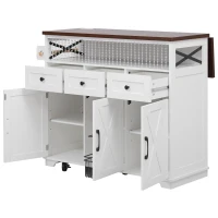Farmhouse Kitchen Island Cart with Beaded Drape, Power Outlet, Drop Leaf, Rolling Wheels, 3 Doors, 3 Drawers, Adjustable Shelves, White(m-16)