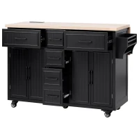 Kitchen Island with Drop Leaf and Power Outlet, Rolling Kitchen Cart on Wheels with 4 Doors, 5 Deep Drawers, Adjustable Shelves, Towel Rack, Black(m-14)