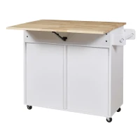 Rolling Kitchen Cart with Rubber Wood Top, Drawer with Dividers, Internal Storage Rack, Adjustable Shelves, 39" L x 26" W x 34" H, White(m-15)