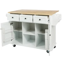 Kitchen Cart with 5 Wheels, 3 Drawers, Storage Cabinet, Central Island with Rubberwood Drop-Leaf Countertop, 53" L x 29.5" W x 37" H, White(m-14)