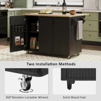 Fluted Kitchen Island with Drop Leaf, Adjustable Shelves, Mobile and Stationary Options, Rolling Cart with Internal Storage, Towel Rack, Black(m-5)