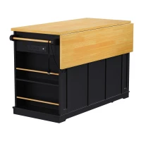 Kitchen Island with Internal Rack, Drop Leaf, Power Outlet, Rolling Cart with Adjustable Shelves and Drawers, 50" L x 29.5" W x 36.5" H, Black(m-14)
