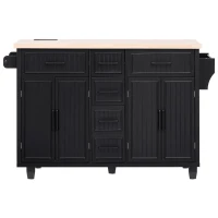 Kitchen Island with Drop Leaf and Power Outlet, Rolling Kitchen Cart on Wheels with 4 Doors, 5 Deep Drawers, Adjustable Shelves, Towel Rack, Black(m-2)