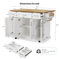 Kitchen Island Cart with Drop Leaf, 3 Drawers, Spice Rack, Rolling Kitchen Cart with Adjustable Shelves, 54" L x 29.5" W x 36" H, White(m-3)