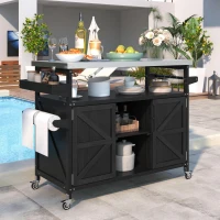 Outdoor Kitchen Island Cart, Rolling Bar Cart with Stainless Steel Top, Spice Rack, Towel Rack, Lockable Wheels, 50" L x 18.5" W x 36.5" H, Black(m-1)