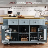 Kitchen Island Cart with Drop Leaf, Power Outlet, Internal Storage Rack, Rolling on 5 Wheels, Adjustable Shelves, and Bamboo Sticks, Gray+Blue(m-4)