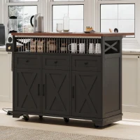 Farmhouse Kitchen Island Cart with Beaded Drape, Power Outlet, Drop Leaf, Adjustable Shelves, Perfect for Kitchen and Dining Room, Black(m-1)