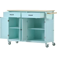 Kitchen Cart with 4-Door Cabinet, 2 Locking Wheels, Shelves and Racks, Cooking Island with Wood Top, 54.5" L x 18.5" W x 36" H, Mint Green(m-14)
