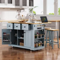 Kitchen Island with 2 Bar Stools, Power Outlet, Internal Racks, 5 Wheels, Drop Leaf, Adjustable Shelves, 53" L x 29.5" W x 36.5" H, Gray+Blue(m-10)