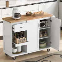 Kitchen Island Cart with Foldable Countertop, Adjustable Shelves, Towel Rack, Drawer, and Lockable Wheels, 49" L x 33.2" W x 37.5" H, White(m-10)