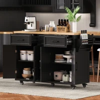 Kitchen Island with Drop Leaf and Power Outlet, Rolling Kitchen Cart on Wheels with 4 Doors, 5 Deep Drawers, Adjustable Shelves, Towel Rack, Black(m-6)