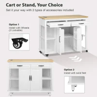 Kitchen Island with Extendable Dining Table, Rubber Wood Veneer, Internal Rack, Power Outlet, 2 Drawers, 2 Cabinets, 47" L x 33.5" W x 37" H, White(m-7)