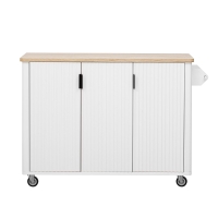 Fluted Kitchen Island with Drop Leaf, Internal Storage Rack, Rolling Kitchen Cart with Towel Rack, Adjustable Shelves, Smooth Curved Edge, White