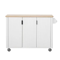 Fluted Kitchen Island with Drop Leaf, Internal Storage Rack, Rolling Kitchen Cart with Towel Rack, Adjustable Shelves, Smooth Curved Edge, White(m-2)