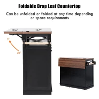 Farmhouse Kitchen Island Cart with Beaded Drape, Power Outlet, Drop Leaf, Adjustable Shelves, Perfect for Kitchen and Dining Room, Black(m-6)