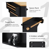 Rolling Kitchen Island Cart with Drop Leaf, Power Outlet, 4 Door Shelves, 6 Drawers, Adjustable Shelves, Spice Rack, 55.5" L x 30" W x 36" H, Black(m-8)
