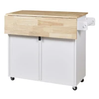 Rolling Kitchen Cart with Rubber Wood Top, Drawer with Dividers, Internal Storage Rack, Adjustable Shelves, 39" L x 26" W x 34" H, White(m-14)