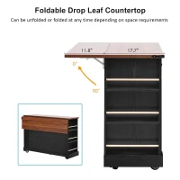 Farmhouse Kitchen Island with Tempered Glass Doors, Power Outlet, Rolling Cart with Drop Leaf, 5 Racks, 3 Drawers, 53" L x 29.5" W x 36" H, Black(m-9)