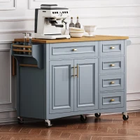 Kitchen Island with Drop Leaf, Towel Rack, 5 Drawers, Adjustable Shelf, Mobile Cart on Wheels with Spice Rack, 52" L x 29.5" W x 36" H, Blue+Grey(m-1)