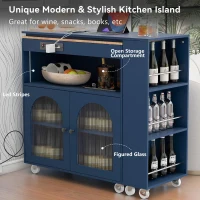 LED Kitchen Island with Extended Table, Power Outlets, Storage Shelves, Utility Cart with Fluted Glass Doors, 56.5" L x 33" W x 38" H, Navy Blue(m-4)
