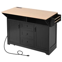 Kitchen Island with Dual Drop Leaf, 3 Drawers, 5 Wheels, Power Outlet, Adjustable Shelves, Spice and Towel Rack, 56" L x 34" W x 36.5" H, Black(m-2)