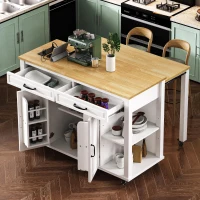 Kitchen Island with Extendable Dining Table, Rubber Wood Veneer, Internal Rack, Power Outlet, 2 Drawers, 2 Cabinets, 47" L x 33.5" W x 37" H, White(m-1)