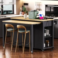 Kitchen Island with Extendable Dining Table, Rubber Wood Veneer, Internal Rack, Power Outlet, Drawers and Cabinets, 47" L x 33.5" W x 37" H, Black(m-12)