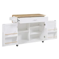 Rolling Kitchen Cart with Rubber Wood Top, Drawer with Dividers, Internal Storage Rack, Adjustable Shelves, 39" L x 26" W x 34" H, White(m-13)