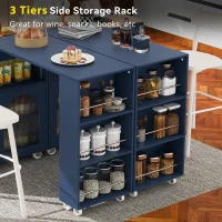 LED Kitchen Island with Extended Table, Power Outlets, Storage Shelves, Utility Cart with Fluted Glass Doors, 56.5" L x 33" W x 38" H, Navy Blue(m-5)