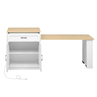 Kitchen Island with Extendable Table, Double-Sided Storage, Power Outlet, Adjustable Shelves, Lockable Wheels, 83" L x 27.5" W x 36" H, White Oak(m-16)