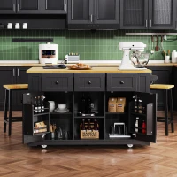 Mobile Rolling Kitchen Island with 2 Bar Stools, Power Outlet, Internal Storage Rack, Utility Island with Drop Leaf, Adjustable Shelves, Black(m-1)