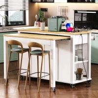 Kitchen Island with Extendable Dining Table, Rubber Wood Veneer, Internal Rack, Power Outlet, 2 Drawers, 2 Cabinets, 47" L x 33.5" W x 37" H, White(m-12)