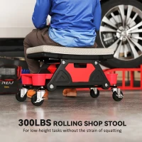 HOMCOM Rolling Garage Stool with Wheels, 300 LBS Capacity Padded Mechanic Stool with Tool Trays Storage, Grey(m-4)