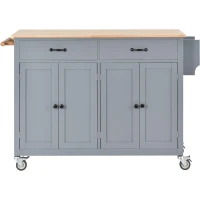 Kitchen Island Cart with 4-Door Cabinet, 2 Drawers, Solid Wood Top, Locking Wheels, Spice and Towel Racks, 54.5" L x 18.5" W x 36" H, Blue(m-2)