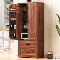 Farmhouse Kitchen Pantry Cabinet, Freestanding Cupboard with 2 Large Drawers, 8 Door Shelves, Adjustable Shelves, Anti-Tip Kit, Brown(m-10)