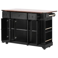 Farmhouse Kitchen Island with Tempered Glass Doors, Power Outlet, Rolling Cart with Drop Leaf, 5 Racks, 3 Drawers, 53" L x 29.5" W x 36" H, Black(m-18)