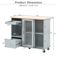 Kitchen Island with Wood Drop Leaf, LED Light, Fluted Glass Doors, Adjustable Shelf, Utility Cart with Rolling Wheels, 44" L x 27" W x 37" H, Blue(m-3)