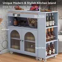 Extended LED Kitchen Island with Power Outlets, Adjustable Shelves, Central Island with Fluted Glass Doors, 56.5" L x 33" W x 38" H, Slate Blue(m-4)