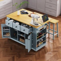 Kitchen Island with 2 Bar Stools, Power Outlet, Internal Racks, 5 Wheels, Drop Leaf, Adjustable Shelves, 53" L x 29.5" W x 36.5" H, Gray+Blue(m-9)