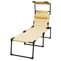 Outsunny Outdoor Lounge Chair, 4 Position Adjustable Backrest, Folding, Cushioned w/ Sun Shade Roof & Pillow, Cream White(m-1)