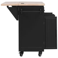 Kitchen Island with Drop Leaf and Power Outlet, Rolling Kitchen Cart on Wheels with 4 Doors, 5 Deep Drawers, Adjustable Shelves, Towel Rack, Black(m-15)