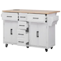 Kitchen Island with Drop Leaf and Power Outlet, Rolling Cart on Wheels, 4 Doors, Adjustable Shelves, Perfect for Kitchen and Dining Room, White(m-14)