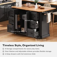 Rolling Kitchen Island Cart with Drop Leaf, Power Outlet, 4 Door Shelves, 6 Drawers, Adjustable Shelves, Spice Rack, 55.5" L x 30" W x 36" H, Black(m-4)