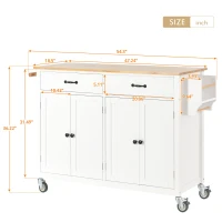 Kitchen Island Cart with 4-Door Cabinet, 2 Drawers, Solid Wood Top, Spice and Towel Racks, Locking Wheels, 54.5" L x 18.5" W x 36" H, White(m-3)