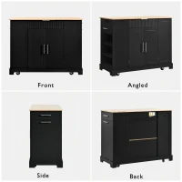 Fluted Kitchen Island with Trash Can Storage, Power Outlet, Internal Storage Rack, Rolling Design with 3 Drawers and Adjustable Shelves, Black(m-6)