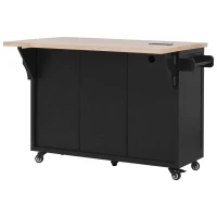 Kitchen Island with Drop Leaf and Power Outlet, Rolling Kitchen Cart on Wheels with 4 Doors, 5 Deep Drawers, Adjustable Shelves, Towel Rack, Black(m-16)
