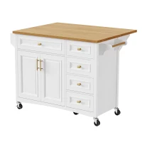 Kitchen Island with Spice Rack, Drop Leaf, Towel Rack, 2 Doors, 5 Drawers, Adjustable Shelf, Embossed Texture, 52" L x 29.5" W x 36" H, White(m-13)