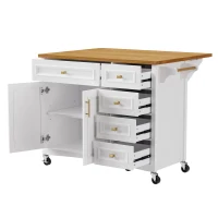 Kitchen Island with Spice Rack, Drop Leaf, Towel Rack, 2 Doors, 5 Drawers, Adjustable Shelf, Embossed Texture, 52" L x 29.5" W x 36" H, White(m-14)